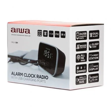 Aiwa CRU-19 Despertador Radio Reloj Negro con 2 Puertos USB Carga 5V 2.4A